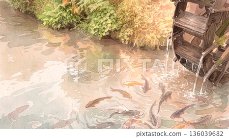 A pond with a waterwheel and carp 136039682
