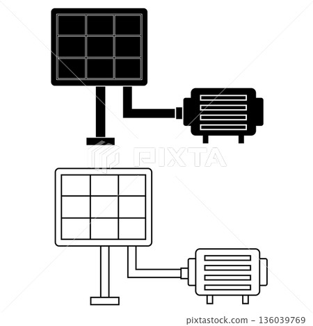 Solar powered water pump system. Solar water pump sign. Water pump station and solar energy symbol. Machine with system technology for agricultural farm. flat style. 136039769