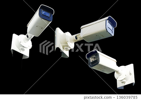 Security Cameras Isolated on Black empty Background Security Cameras Isolated on Black empty Background 136039785