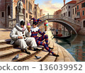 Pulcinella and Harlequin eat a giant ice cream cone on the steps of a canal in Venice. 136039952