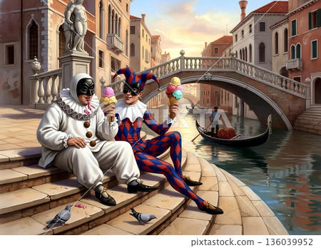 Pulcinella and Harlequin eat a giant ice cream cone on the steps of a canal in Venice. Pulcinella and Harlequin eat a giant ice cream cone on the steps of a canal in Venice. 136039952