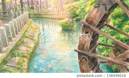Scenery of a wisteria trellis with a waterwheel 136040016