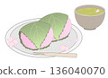 Illustration of sakura mochi and tea 136040070
