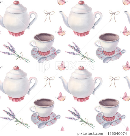 Watercolor seamless pattern with tea set, lavender bouquets, butterflies. Hand-painted illustrations isolated on white for stationery, packaging, textile, branding, party invitation, vintage design Watercolor seamless pattern with tea set, lavender bouquets, butterflies. Hand-painted illustrations isolated on white for stationery, packaging, textile, branding, party invitation, vintage design 136040074