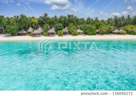 Fantastic aerial beach resort island landscape. Relax palm trees serene ocean lagoon summer vacation Fantastic aerial beach resort island landscape. Relax palm trees serene ocean lagoon summer vacation 136040272