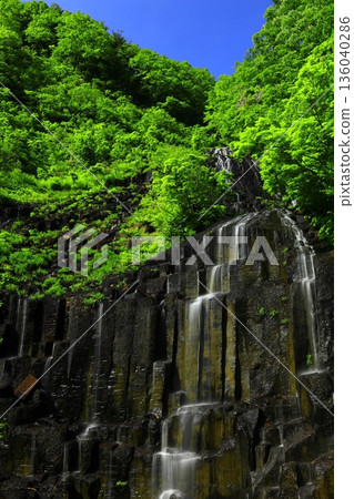 A waterfall surrounded by fresh greenery A waterfall surrounded by fresh greenery 136040286