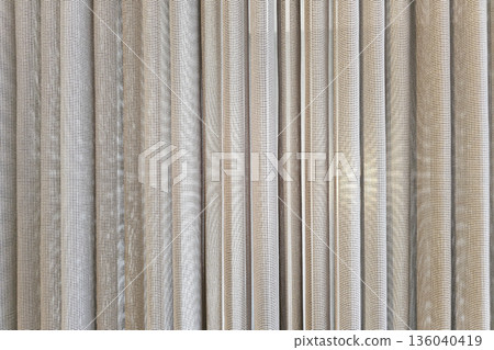 Textured Draped Sheer Curtain Fabric Background. Textured Draped Sheer Curtain Fabric Background. 136040419