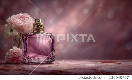 Romantic luxury background with pink perfume bottle and flowers 136040797