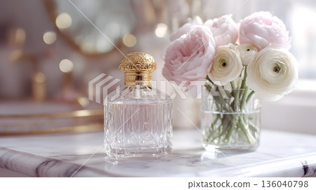 A feminine still life of a transparent perfume bottle and pale pink flowers 136040798