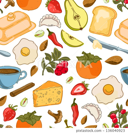 seamless pattern with bread, cheese, bread and spices seamless pattern with bread, cheese, bread and spices 136040923