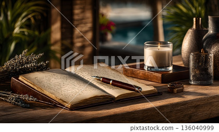 Quiet and relaxing time with candles and notebooks Lifestyle still life 136040999