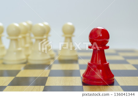 Pond chess red pawn leadership symbolism representing authority isolation and ethical tension in games. Pond chess red pawn leadership symbolism representing authority isolation and ethical tension in games. 136041344