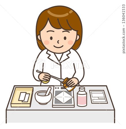 圖：一位年輕的女藥劑師在配藥時稱量藥粉。 136041533