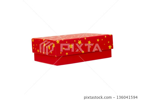 A Red Gift Box with Gold stars is Isolated White Background Cutout A Red Gift Box with Gold stars is Isolated White Background Cutout 136041594