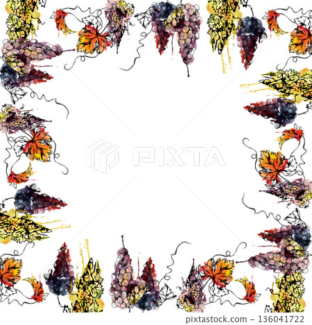 Square frame from watercolor grape bunches, leaves and tendrils hanging off the border edge. Beverage menus, winemaking posters, wine packaging, invitations, recipe layouts and lifestyle publishing. Square frame from watercolor grape bunches, leaves and tendrils hanging off the border edge. Beverage menus, winemaking posters, wine packaging, invitations, recipe layouts and lifestyle publishing. 136041722