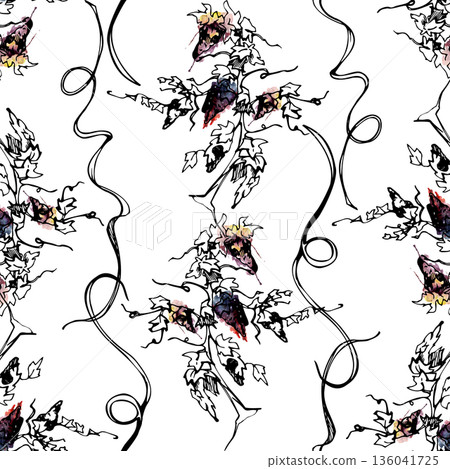 Seamless pattern with botanical grapevines, lush foliage and ripe fruit clusters with stripes of plant tendrils. Hand drawn in watercolor and ink for packaging, textile prints, boutique branding. Seamless pattern with botanical grapevines, lush foliage and ripe fruit clusters with stripes of plant tendrils. Hand drawn in watercolor and ink for packaging, textile prints, boutique branding. 136041725