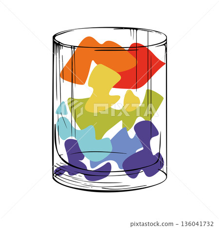 Vector Rainbow Layered cocktail in tumbler glass hand drawn in ink with color transition highlights. Clean glass silhouette and vibrant palette for digital posters, summer bar branding, or drink sets. Vector Rainbow Layered cocktail in tumbler glass hand drawn in ink with color transition highlights. Clean glass silhouette and vibrant palette for digital posters, summer bar branding, or drink sets. 136041732