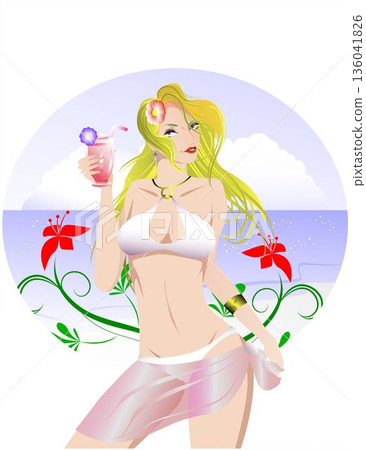 海灘上拿著雞尾酒的女子 136041826