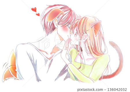 A cat-like woman refuses a dog-like man who tries to kiss her 136042032