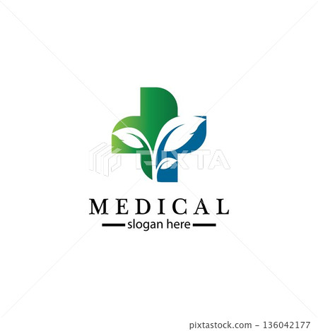 Medical cross and herbal leaf. medicine pharmacy logo. medical health symbol. herbal health care logo. nature logo. Medical cross and herbal leaf. medicine pharmacy logo. medical health symbol. herbal health care logo. nature logo. 136042177