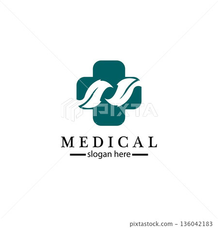 Medical cross and herbal leaf. medicine pharmacy logo. medical health symbol. herbal health care logo. nature logo. 136042183