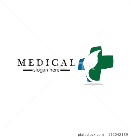 Medical cross and herbal leaf. medicine pharmacy logo. medical health symbol. herbal health care logo. nature logo. 136042189