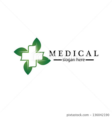 Medical cross and herbal leaf. medicine pharmacy logo. medical health symbol. herbal health care logo. nature logo. 136042190