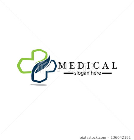 Medical cross and herbal leaf. medicine pharmacy logo. medical health symbol. herbal health care logo. nature logo. 136042191