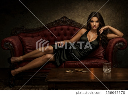 A woman in a black dress lies on a vintage red leather sofa in a dark, stylized setting A woman in a black dress lies on a vintage red leather sofa in a dark, stylized setting 136042378