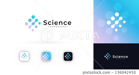 Science Technology Logo Joint Dot Connection Concept, Bio Molecular Test Symbol for Science, Pharmaceutical, Laboratory, Scientific Research, Chemistry Clinic, Medical Innovation. Vector Illustration. 136042458