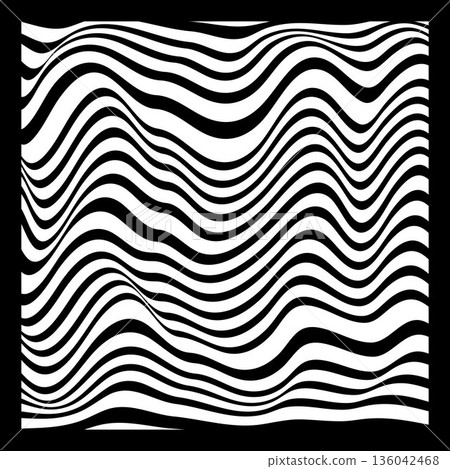 Abstract Geometric Background of Fluid Waves with Fashionable Striped Surface Pattern - Black and White, Vector Swirls 136042468