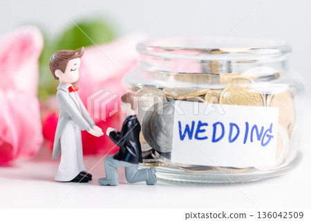 Inclusive gay engagement and wedding savings concept with two groom figurines, one kneeling in proposal beside coin jar labeled WEDDING, celebrating equality, commitment and budgeting. wedding savings Inclusive gay engagement and wedding savings concept with two groom figurines, one kneeling in proposal beside coin jar labeled WEDDING, celebrating equality, commitment and budgeting. wedding savings 136042509