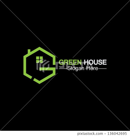 Green house logo.real estate logo ideas concept for eco home isolated black background 136042695
