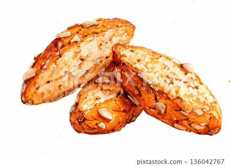 watercolor almond biscotti cookies with whole almonds scattered clip art illustration isolated on white background 136042767