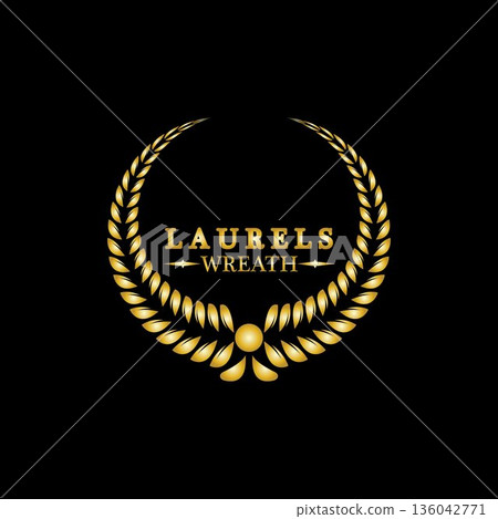 Gold laurel wreath. Symbol of victory and achievement. Design element for decoration of medal, award, coat of arms or anniversary logo. Golden leaf silhouette on black background. Vector illustration Gold laurel wreath. Symbol of victory and achievement. Design element for decoration of medal, award, coat of arms or anniversary logo. Golden leaf silhouette on black background. Vector illustration 136042771