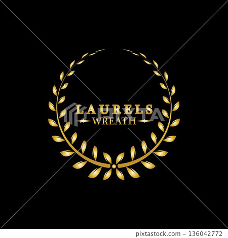 Gold laurel wreath. Symbol of victory and achievement. Design element for decoration of medal, award, coat of arms or anniversary logo. Golden leaf silhouette on black background. Vector illustration Gold laurel wreath. Symbol of victory and achievement. Design element for decoration of medal, award, coat of arms or anniversary logo. Golden leaf silhouette on black background. Vector illustration 136042772