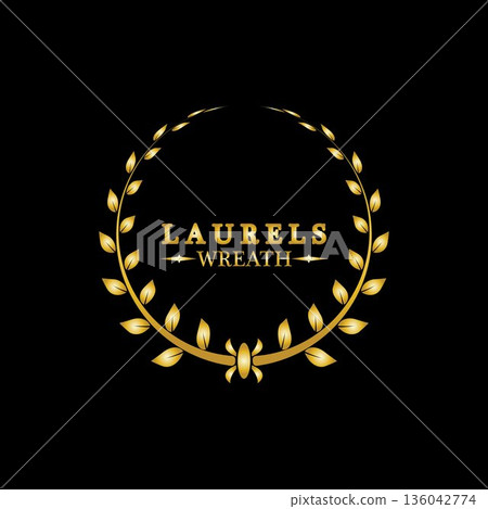 Gold laurel wreath. Symbol of victory and achievement. Design element for decoration of medal, award, coat of arms or anniversary logo. Golden leaf silhouette on black background. Vector illustration 136042774