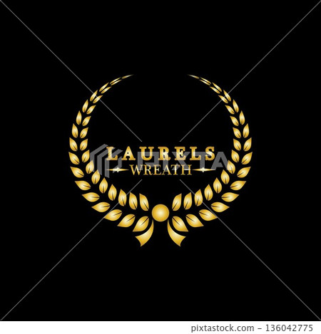 Gold laurel wreath. Symbol of victory and achievement. Design element for decoration of medal, award, coat of arms or anniversary logo. Golden leaf silhouette on black background. Vector illustration 136042775