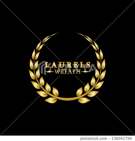 Gold laurel wreath. Symbol of victory and achievement. Design element for decoration of medal, award, coat of arms or anniversary logo. Golden leaf silhouette on black background. Vector illustration 136042789