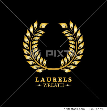 Gold laurel wreath. Symbol of victory and achievement. Design element for decoration of medal, award, coat of arms or anniversary logo. Golden leaf silhouette on black background. Vector illustration Gold laurel wreath. Symbol of victory and achievement. Design element for decoration of medal, award, coat of arms or anniversary logo. Golden leaf silhouette on black background. Vector illustration 136042790