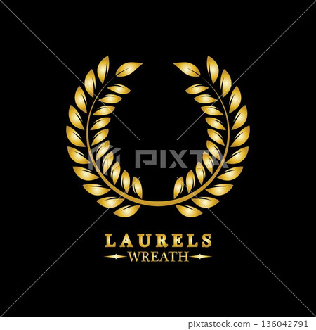 Gold laurel wreath. Symbol of victory and achievement. Design element for decoration of medal, award, coat of arms or anniversary logo. Golden leaf silhouette on black background. Vector illustration Gold laurel wreath. Symbol of victory and achievement. Design element for decoration of medal, award, coat of arms or anniversary logo. Golden leaf silhouette on black background. Vector illustration 136042791