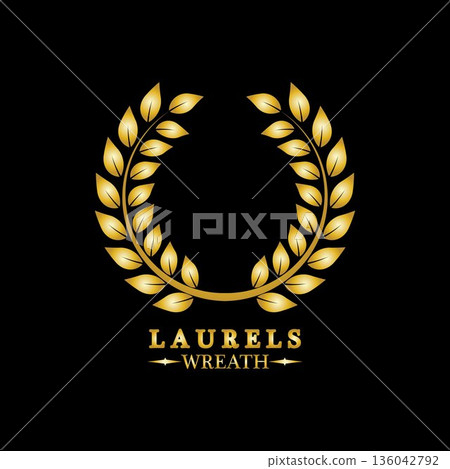 Gold laurel wreath. Symbol of victory and achievement. Design element for decoration of medal, award, coat of arms or anniversary logo. Golden leaf silhouette on black background. Vector illustration Gold laurel wreath. Symbol of victory and achievement. Design element for decoration of medal, award, coat of arms or anniversary logo. Golden leaf silhouette on black background. Vector illustration 136042792