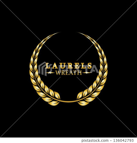 Gold laurel wreath. Symbol of victory and achievement. Design element for decoration of medal, award, coat of arms or anniversary logo. Golden leaf silhouette on black background. Vector illustration 136042793