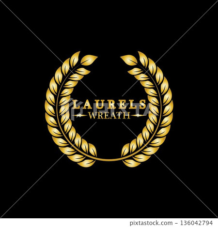 Gold laurel wreath. Symbol of victory and achievement. Design element for decoration of medal, award, coat of arms or anniversary logo. Golden leaf silhouette on black background. Vector illustration Gold laurel wreath. Symbol of victory and achievement. Design element for decoration of medal, award, coat of arms or anniversary logo. Golden leaf silhouette on black background. Vector illustration 136042794