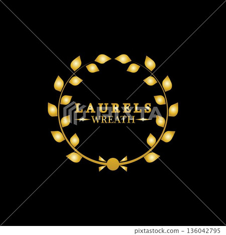 Gold laurel wreath. Symbol of victory and achievement. Design element for decoration of medal, award, coat of arms or anniversary logo. Golden leaf silhouette on black background. Vector illustration Gold laurel wreath. Symbol of victory and achievement. Design element for decoration of medal, award, coat of arms or anniversary logo. Golden leaf silhouette on black background. Vector illustration 136042795