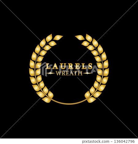 Gold laurel wreath. Symbol of victory and achievement. Design element for decoration of medal, award, coat of arms or anniversary logo. Golden leaf silhouette on black background. Vector illustration Gold laurel wreath. Symbol of victory and achievement. Design element for decoration of medal, award, coat of arms or anniversary logo. Golden leaf silhouette on black background. Vector illustration 136042796
