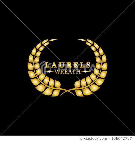 Gold laurel wreath. Symbol of victory and achievement. Design element for decoration of medal, award, coat of arms or anniversary logo. Golden leaf silhouette on black background. Vector illustration Gold laurel wreath. Symbol of victory and achievement. Design element for decoration of medal, award, coat of arms or anniversary logo. Golden leaf silhouette on black background. Vector illustration 136042797