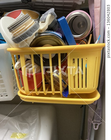 Daily necessities placed on a home storage shelf Daily necessities placed on a home storage shelf 136042803