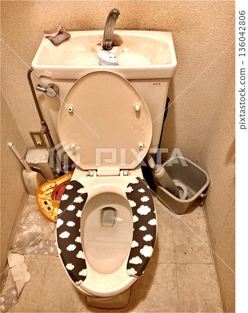 A living-like interior with a tank toilet with hand washing function and a toilet seat cover A living-like interior with a tank toilet with hand washing function and a toilet seat cover 136042806