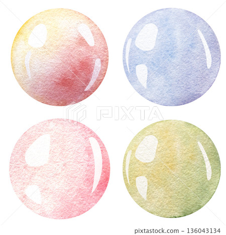 Watercolor decorative bubbles in pastel colors isolated on white background. Ideal for party design, birthday invitation, social media template, poster, greeting cards, festive graphic elements. 136043134